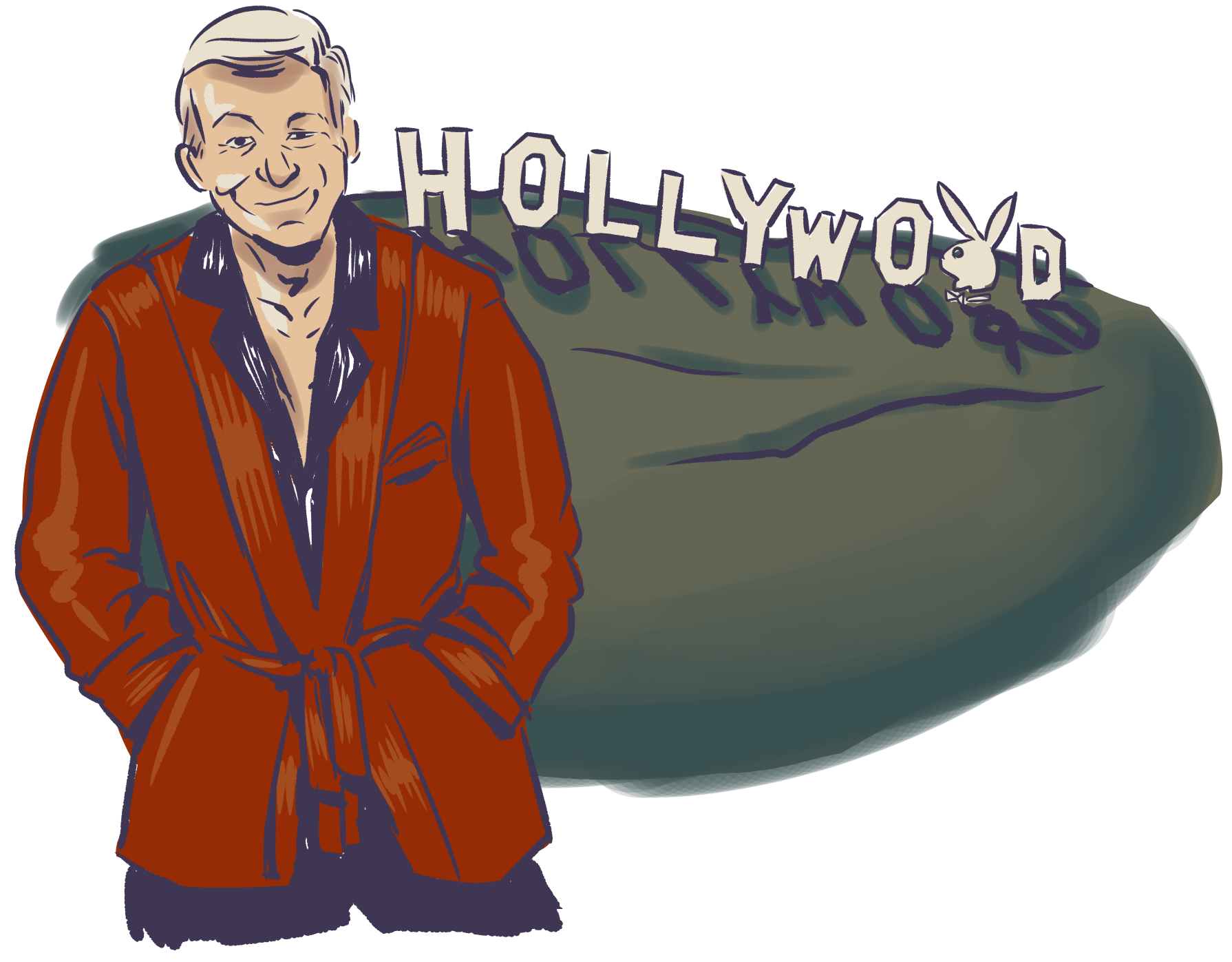 hugh hefner in front of the hollywood sign