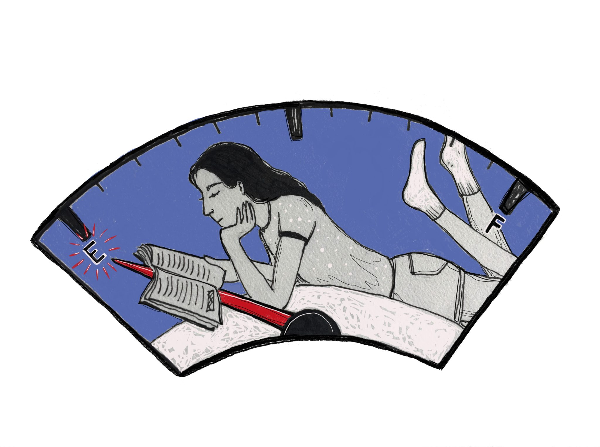 drawing of a girl casually reading a book inside of a fuel gauge