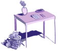 purple drawing of a desk with a filled waste basket
