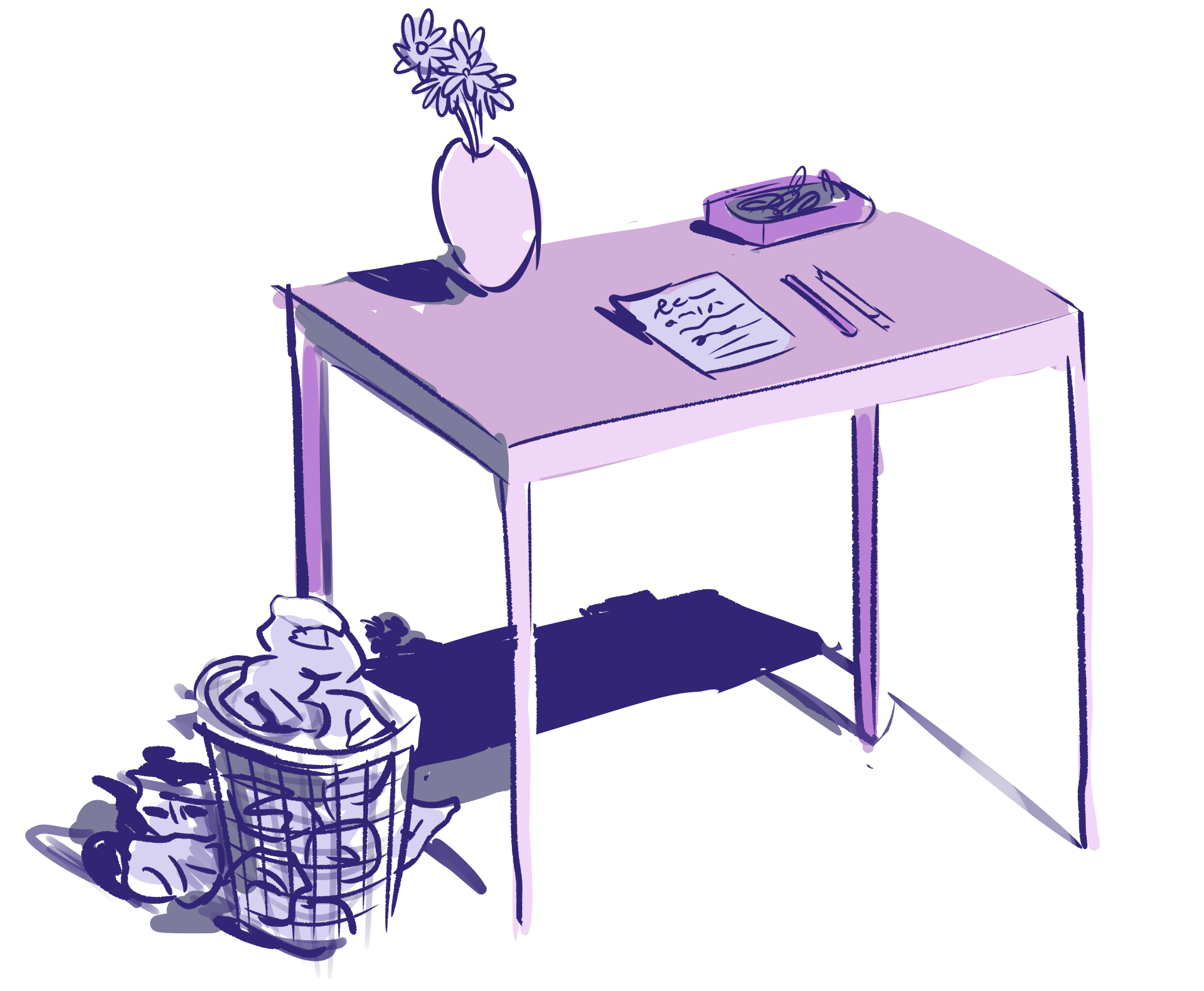 purple drawing of a desk with a filled waste basket