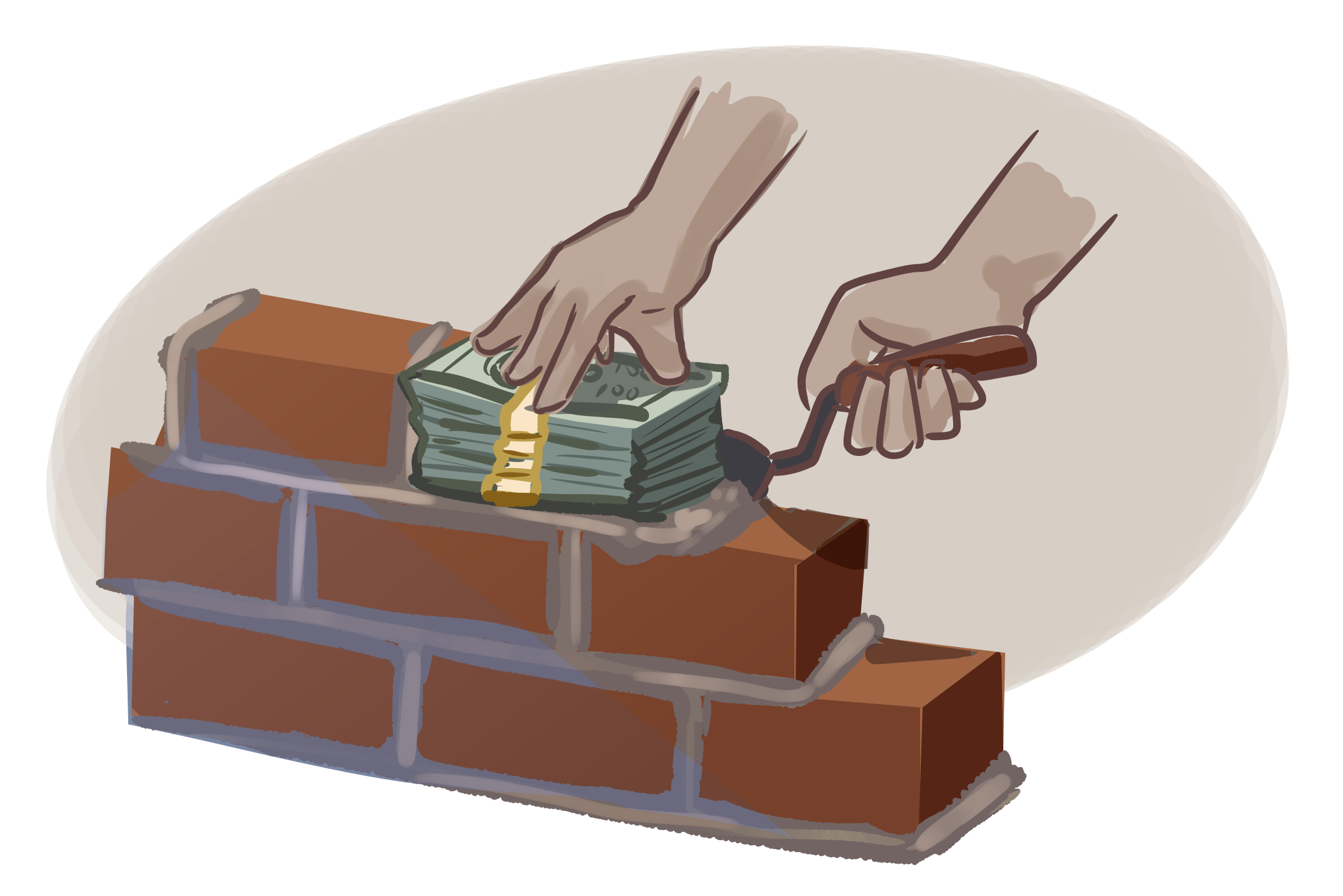 hands laying down bricks one brick is made of money