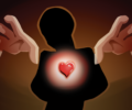 Two hands reach out from a shadowy figure with a glowing heart