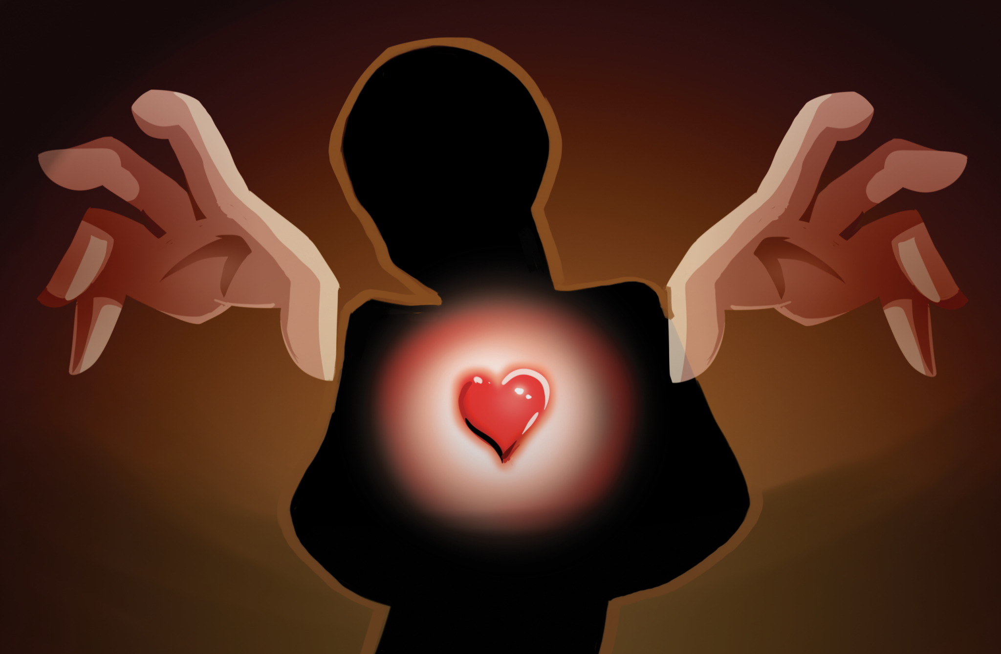Two hands reach out from a shadowy figure with a glowing heart