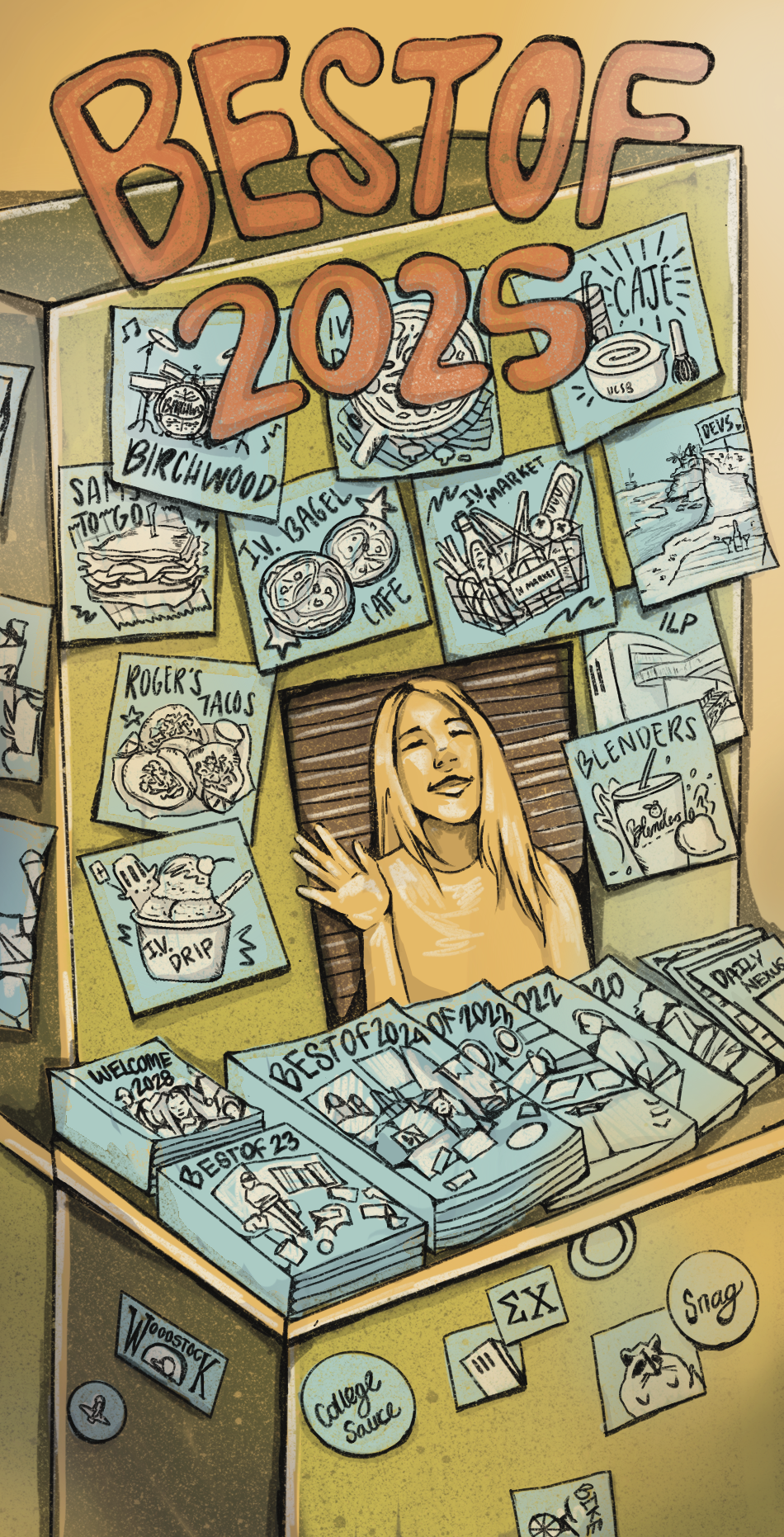A girl sits surrounded by all of the great things that Isla Vista has to offer.