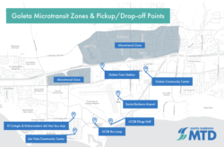 A map of “The Wave” service, showcasing “Microtransit Zones” and pickup and drop-off points, including the newly added Goleta Community Center stop. Courtesy of SBMTD