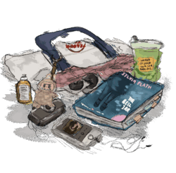 The performative male's ultimate accessories, spilling out of a Trader Joe's tote bag.